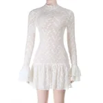 Fashionable Sexy Babe Lace Sheer Long Sleeve Dress - Light Apricot Colored