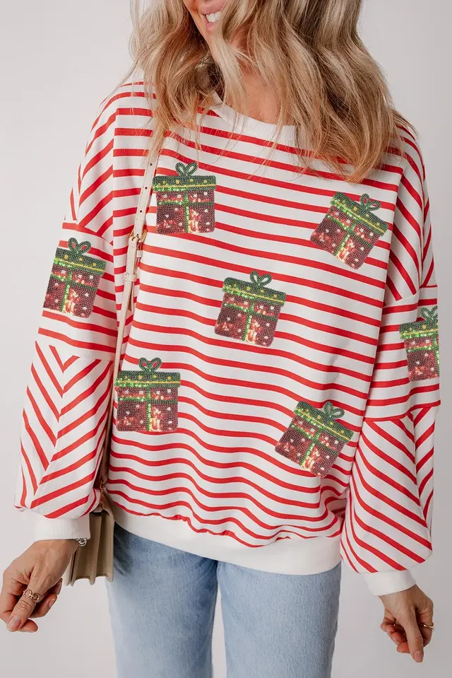 Orange Stripe Sequin Christmas Gift Patch Drop Shoulder Sweatshirt Orange Stripe - Shop at LoveMi