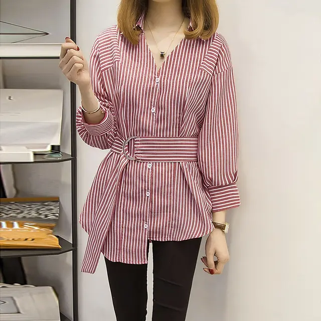 Design Sense Niche Metal Buckle Waist Striped Long Sleeve Shirt Red - Shop at LoveMi