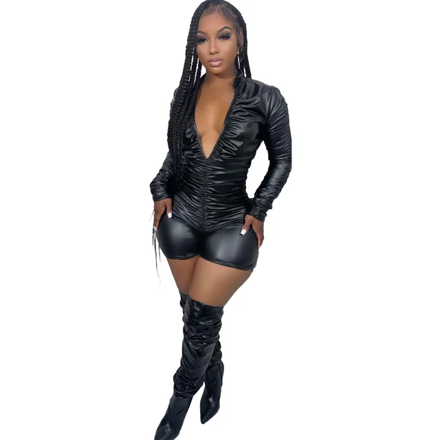 Fashion Pleated High elasticity Leather Jumpsuit Black - Shop at LoveMi