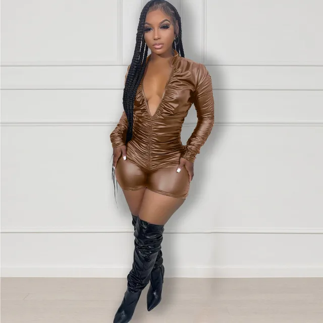 Fashion Pleated High elasticity Leather Jumpsuit Brown - Shop at LoveMi