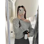 Fashion Korean-style Off-shoulder Top Versatile Temperament Sweater - Grey