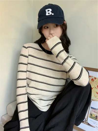 Korean style Color block Striped Loose Casual Knit Sweater Beige Stripes - Shop at LoveMi