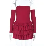 Long-sleeved Bustier Corn One-shoulder Slim Dress - Wine
