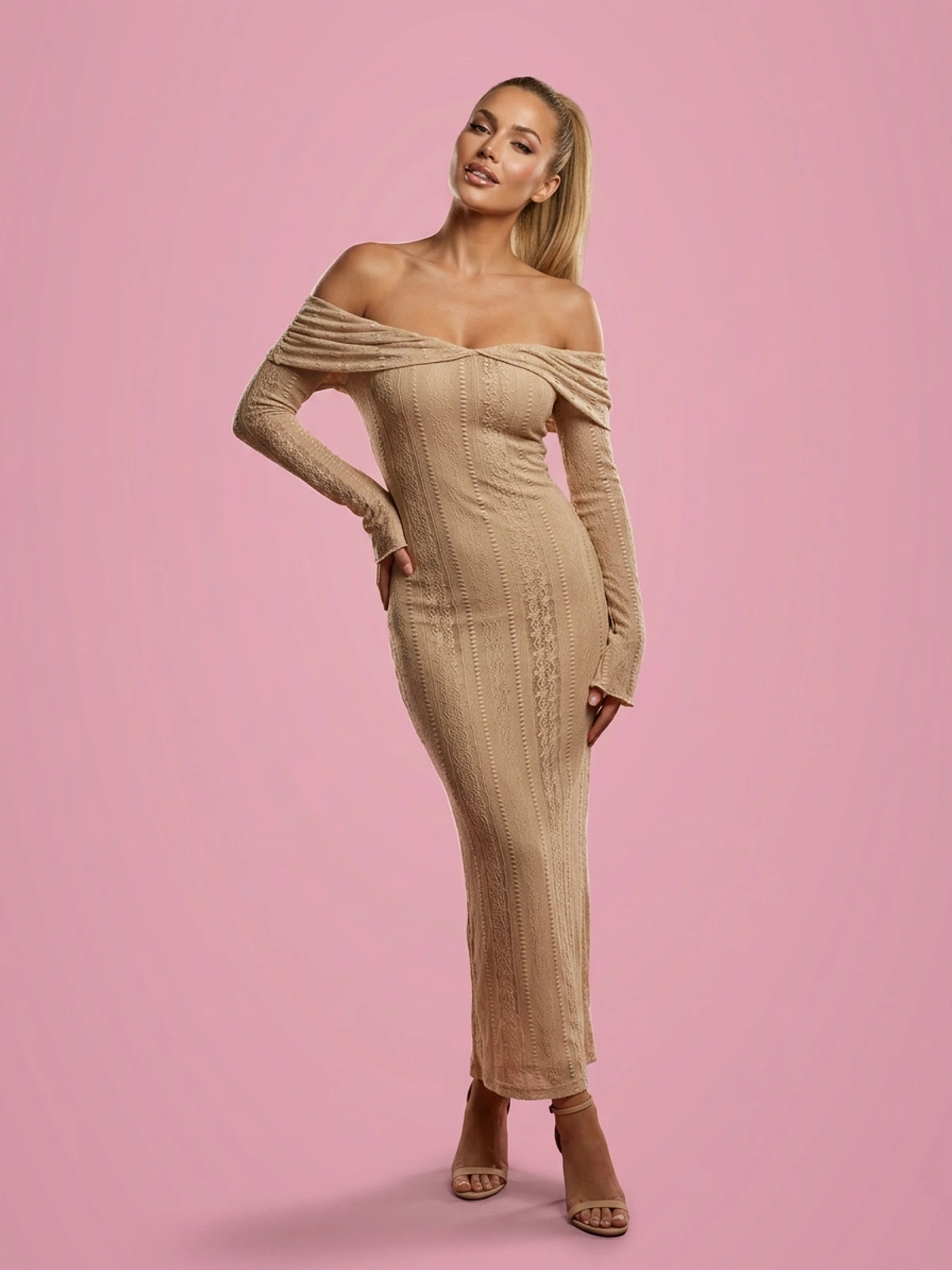 Temperament Waist-defining Jacquard One-shoulder Sexy Dress - Deep Beige