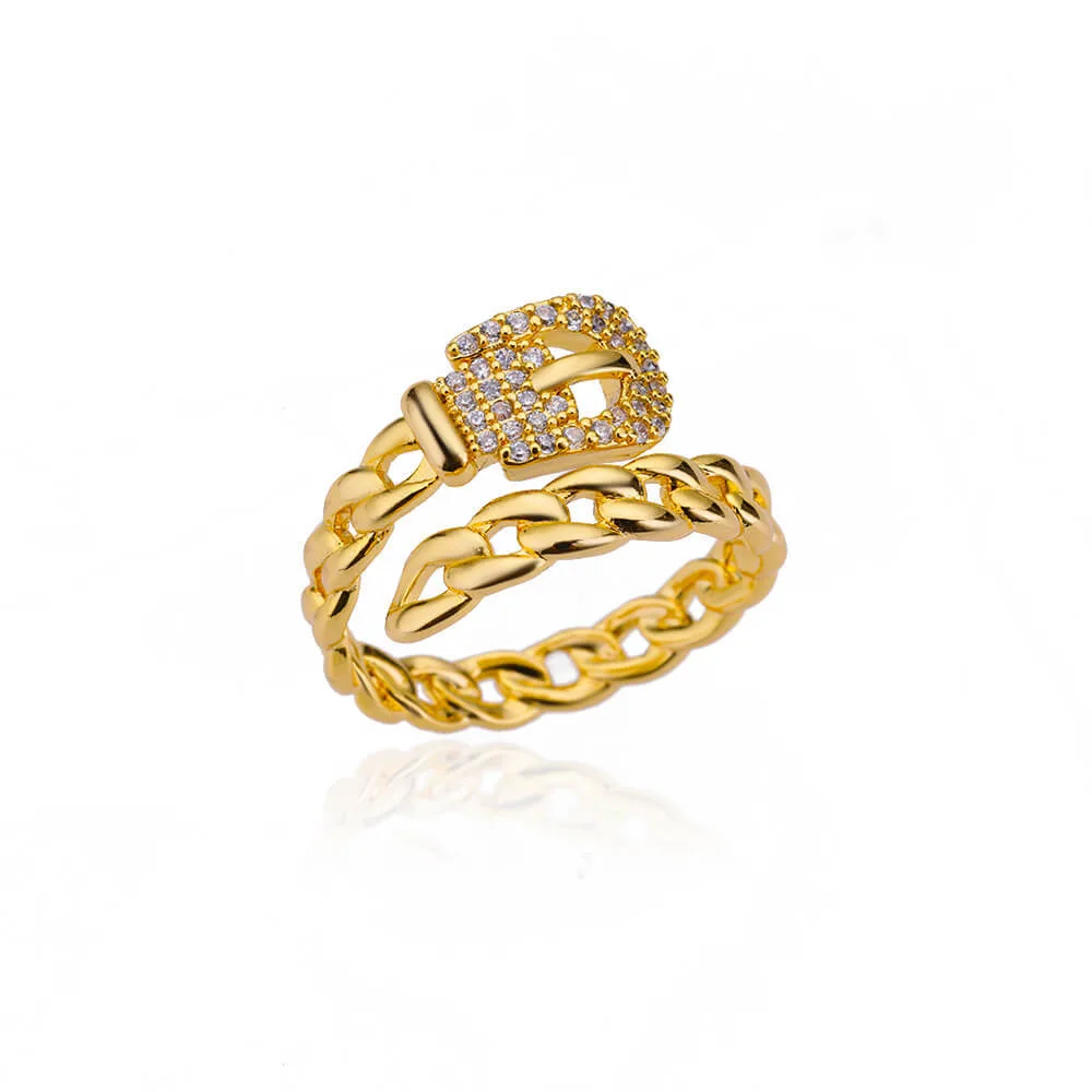 Niche Lightweight Luxury Micro set Zirconia Belt Open Ring For Women, Minimalist Style Finger Ring Accessory Gold 1 - Shop at LoveMi