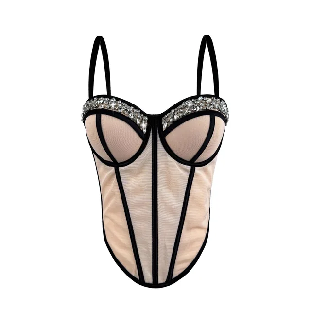 New Rhinestone Mesh Corset Fishbone Waist Sexy Backless Suspender Apricot - Shop at LoveMi