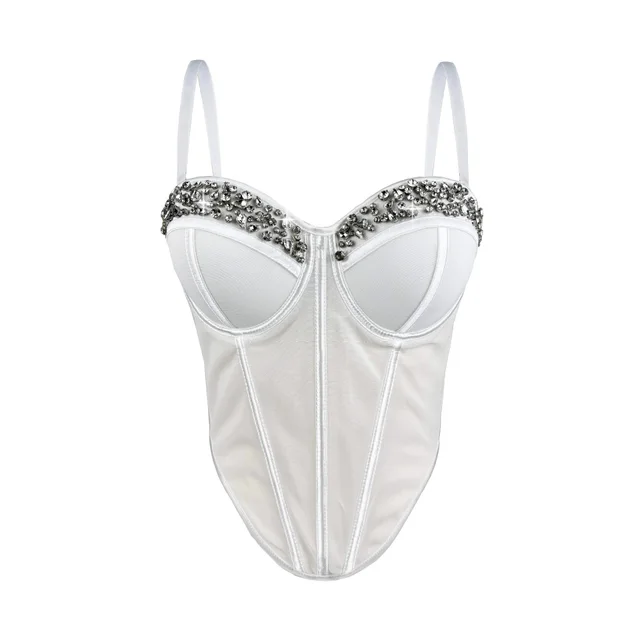 New Rhinestone Mesh Corset Fishbone Waist Sexy Backless Suspender White - Shop at LoveMi