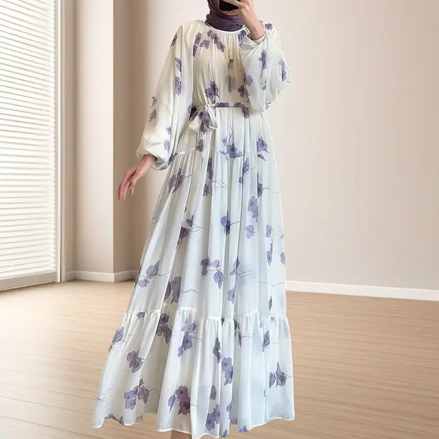 New White Floral Round Neck Dress With Lantern Sleeves Light Purple - Shop at LoveMi