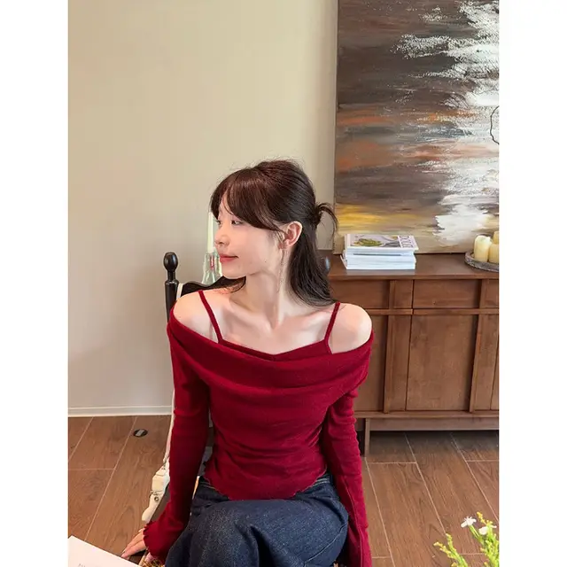 Fashion Fake Two piece Off shoulder Long Sleeve Women Red - Shop at LoveMi