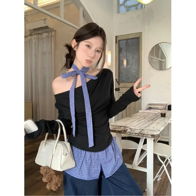 Women's Fake Two piece Grid Off shoulder T shirt Black - Shop at LoveMi