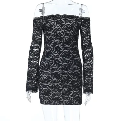 One shoulder Lace Long sleeved Dress Sexy Sheer Black - Shop at LoveMi