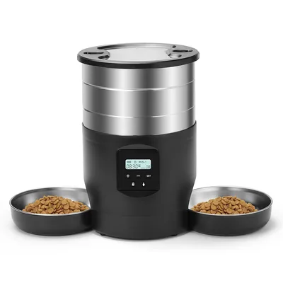 Automatic Pet Feeder Timed Quantitative 304 Stainless Steel Double Bowl Dispenser Button Style - Shop at LoveMi