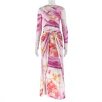 Slim-fit Wrap Bodycon Pleated Long-sleeve Dress - Colorful Pink - View 1