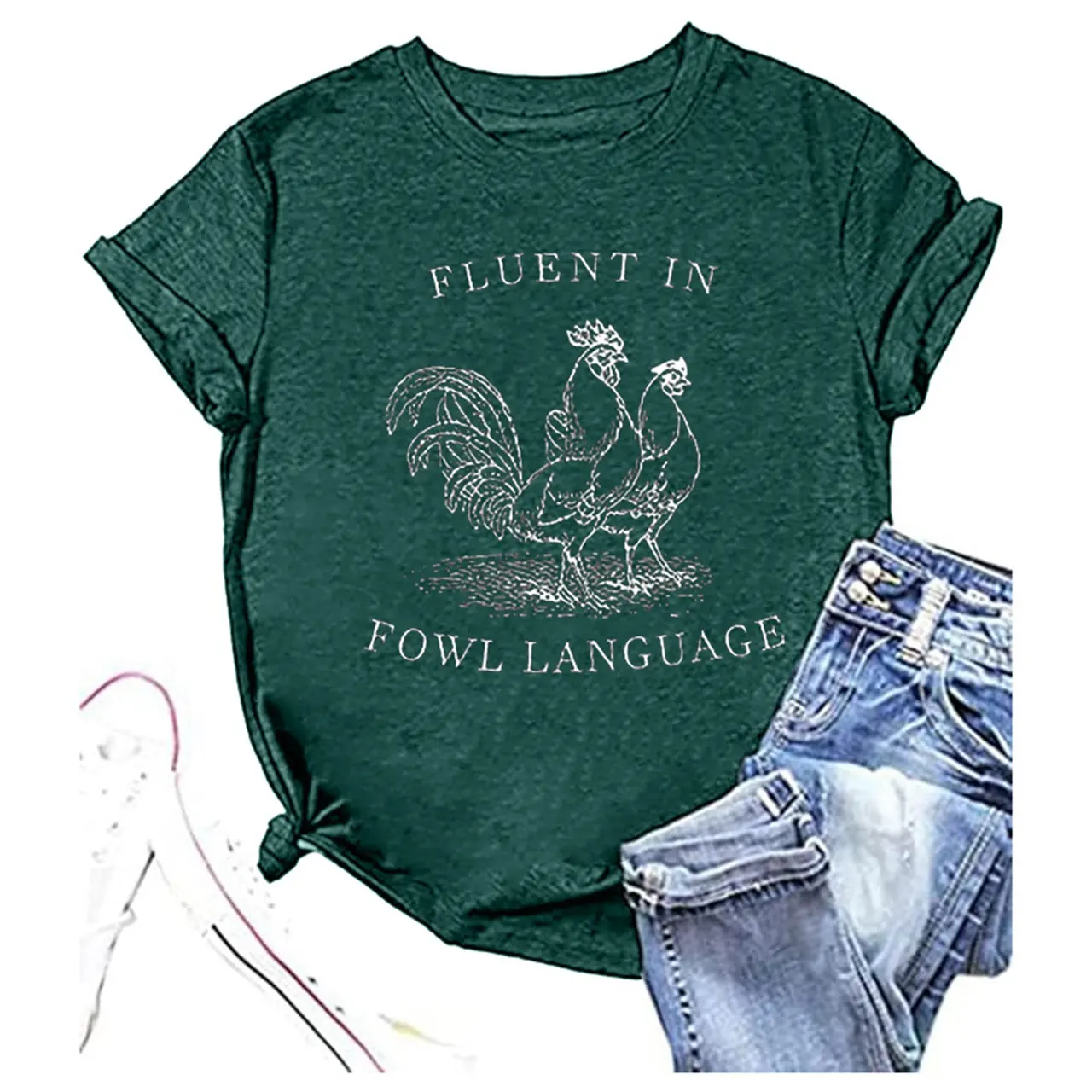 European And American Women's Printed Colorful Cotton T-shirt - Colored Cotton 6 Dark Green