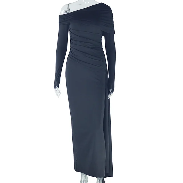 Women's Solid Color Dress With Diagonal Neckline Exposing One Shoulder Long Sleeve Black - Shop at LoveMi