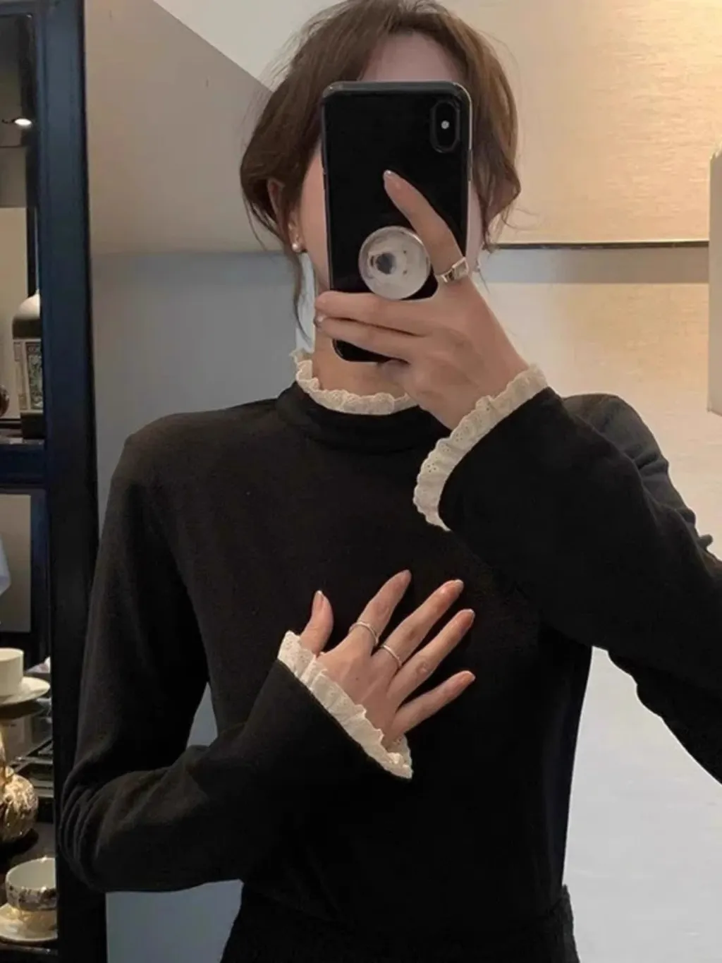 Spliced Lace Trim Semi-high Collar Slim-fitting Slimming Warm Base Shirt - Black