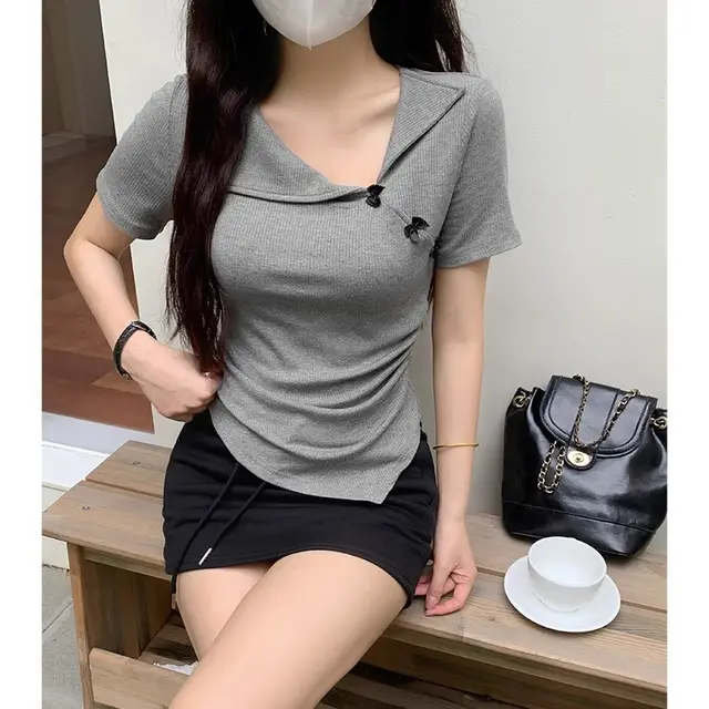Turn down Collar Short sleeve Bow Pleated Waist cinching Slim fit T shirt Top Flower Gray - Shop at LoveMi
