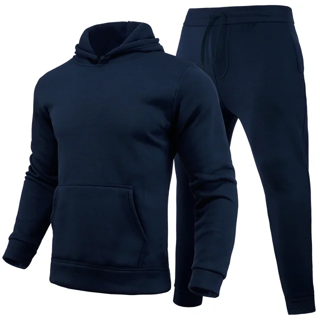 Slim fit Solid Color Hoodie Set Urban Casual Navy Blue - Shop at LoveMi