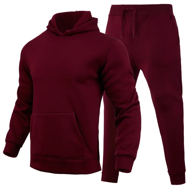 Slim fit Solid Color Hoodie Set Urban Casual Wine Red - Shop at LoveMi