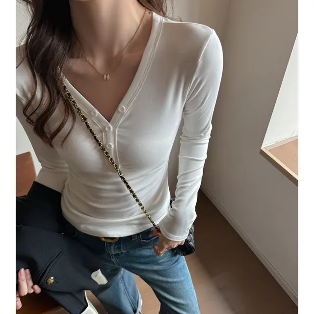 Fleece lined Thickened Design Deep V neck Long sleeved Base Shirt White - Shop at LoveMi