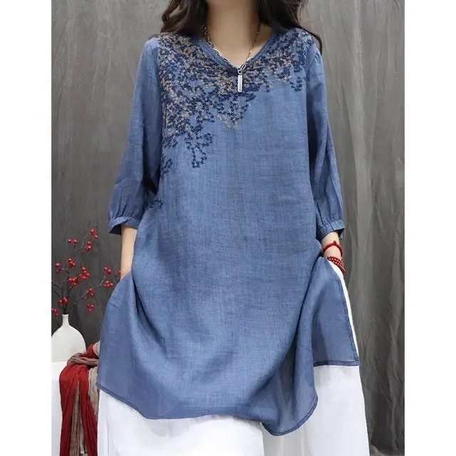 Vintage Embroidered Loose Slim fit Bohemian Casual Mid length Top Blue - Shop at LoveMi