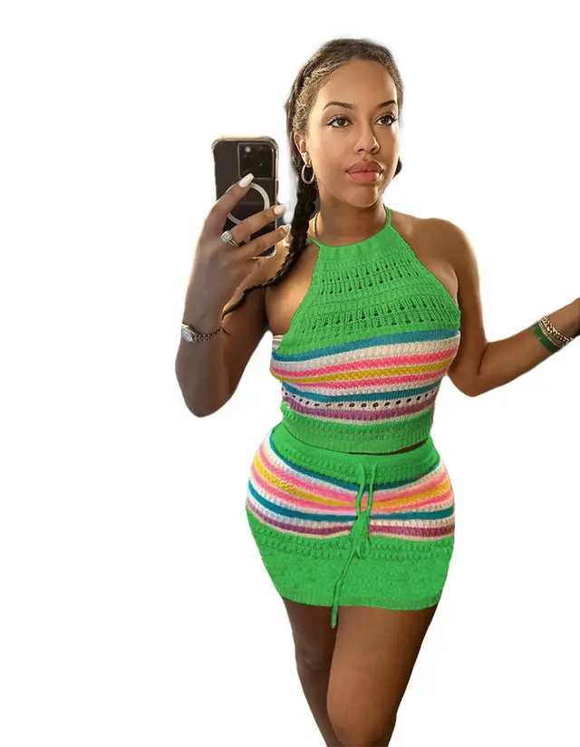 Sweater Fashion Print Backless Halter Bodycon Dress Set Emerald Green - Shop at LoveMi