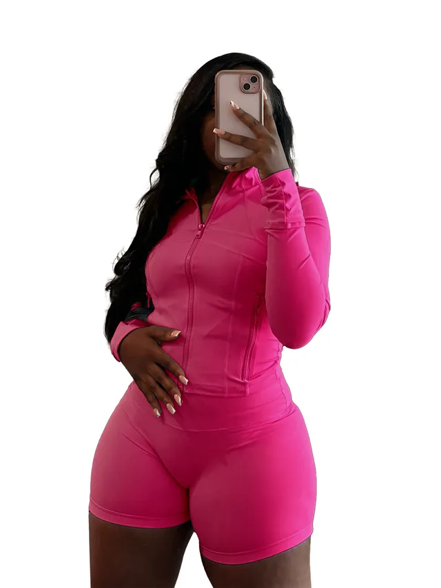 Spring And Summer Sporty Casual Sexy Tight Long sleeve Shorts Two piece Set Rose Red - Shop at LoveMi