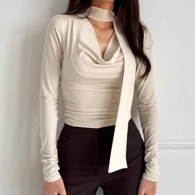 Retro Slim Ribbon Long Sleeve T shirt For Women Apricot - Shop at LoveMi