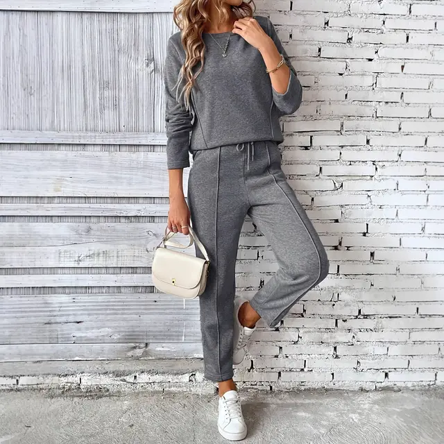 Round neck Fashionable Top Hoodie Pocket Casual Straight leg Pants Women's Clothing Dark Gray - Shop at LoveMi