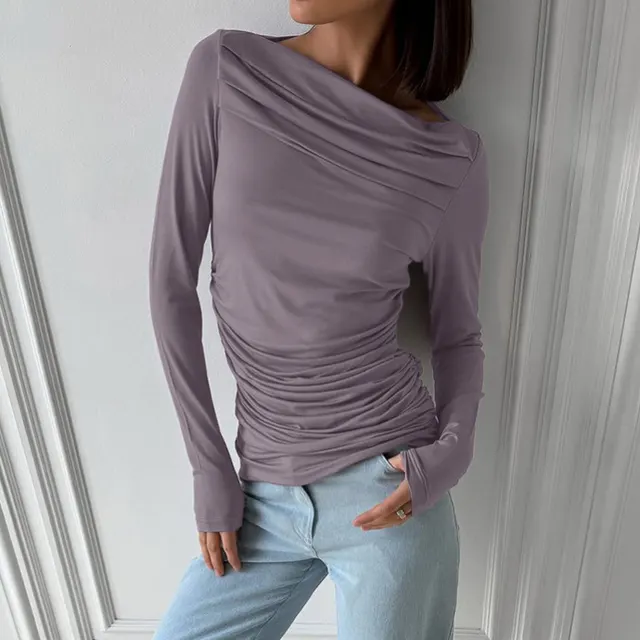Niche Gathered Waist Regular Shoulder Long Sleeve T shirt Purple - Shop at LoveMi