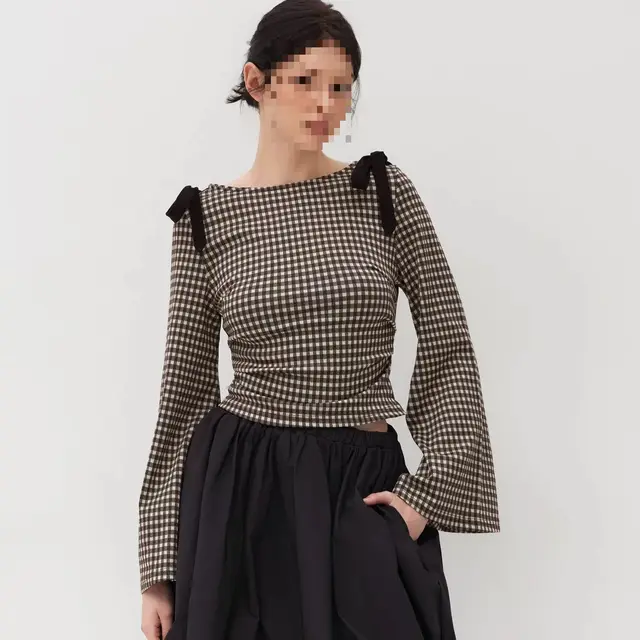 Bow Pleated Design Flare Plaid Slim fit Long Sleeve Shirt For Women Coffee - Shop at LoveMi