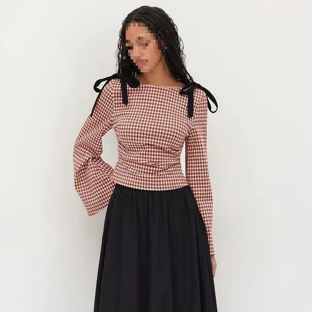 Bow Pleated Design Flare Plaid Slim fit Long Sleeve Shirt For Women Red - Shop at LoveMi