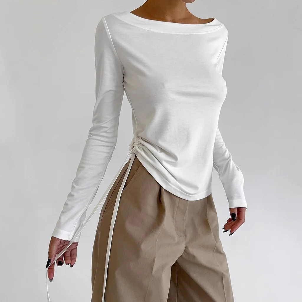 Women's Round Neck Side Tie Waist Long Sleeve - White