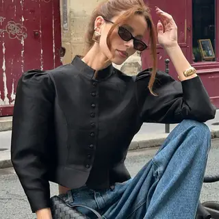 Women's Stand Collar Puff Sleeve Elegant Shirt - Black