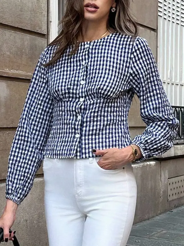 Women's Retro Casual Round Neck Plaid Shirt Dark Blue - Shop at LoveMi