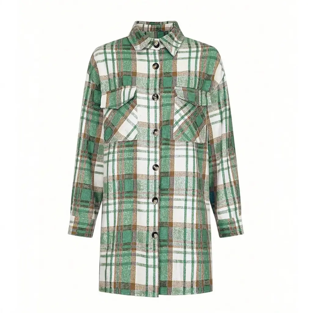 Women's Lapel Plaid Pocket Long Sleeve Shirt Jacket - Green
