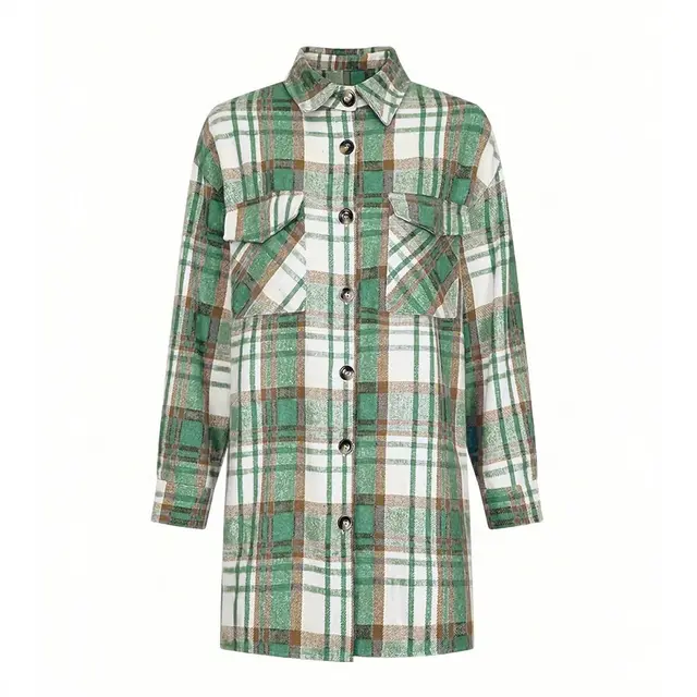 Women's Lapel Plaid Pocket Long Sleeve Shirt Jacket Green - Shop at LoveMi