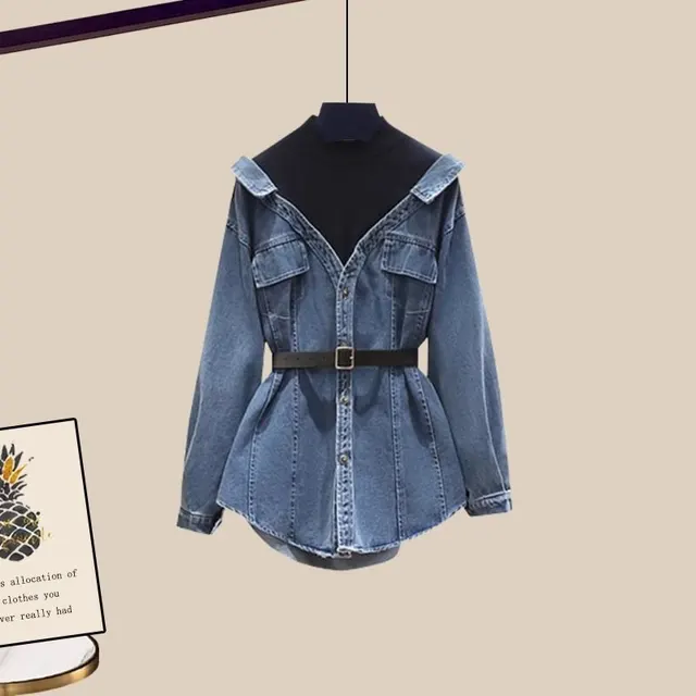 Women's Fashion Waist Cinching Fake Two Piece Long Sleeve Denim Jacket Blue - Shop at LoveMi