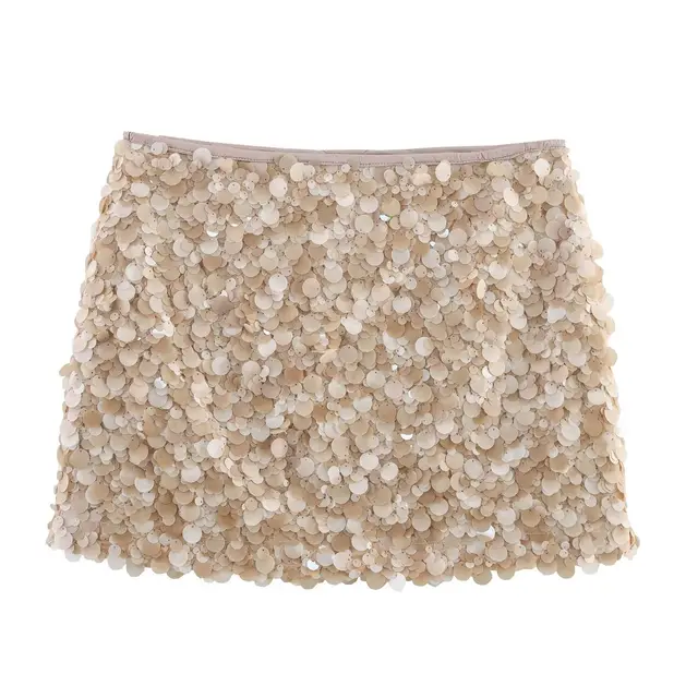 Lady Sequin Decorated Mini Skirt Khaki - Shop at LoveMi