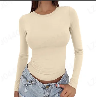 Women's Slim-fit Solid Color Round Neck Long Sleeve AutumnWinter - Apricot