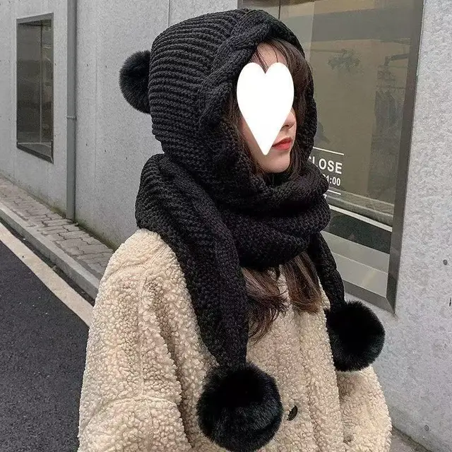 Korean style Wool Hat Versatile Attached Scarf Black - Shop at LoveMi