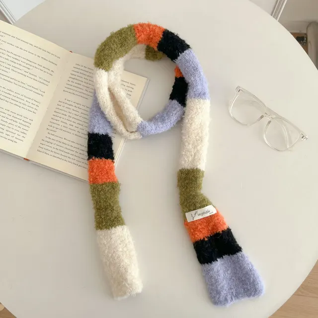 Versatile Narrow Rainbow colored Retro Slim Long Scarf With A Chic Knitted Design Orange Purple Green - Shop at LoveMi