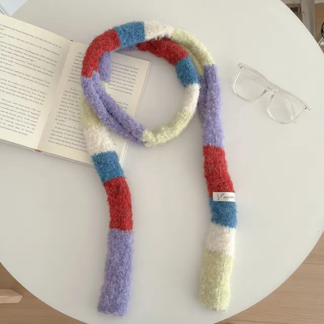 Versatile Narrow Rainbow colored Retro Slim Long Scarf With A Chic Knitted Design Purplish Blue And Red - Shop at LoveMi