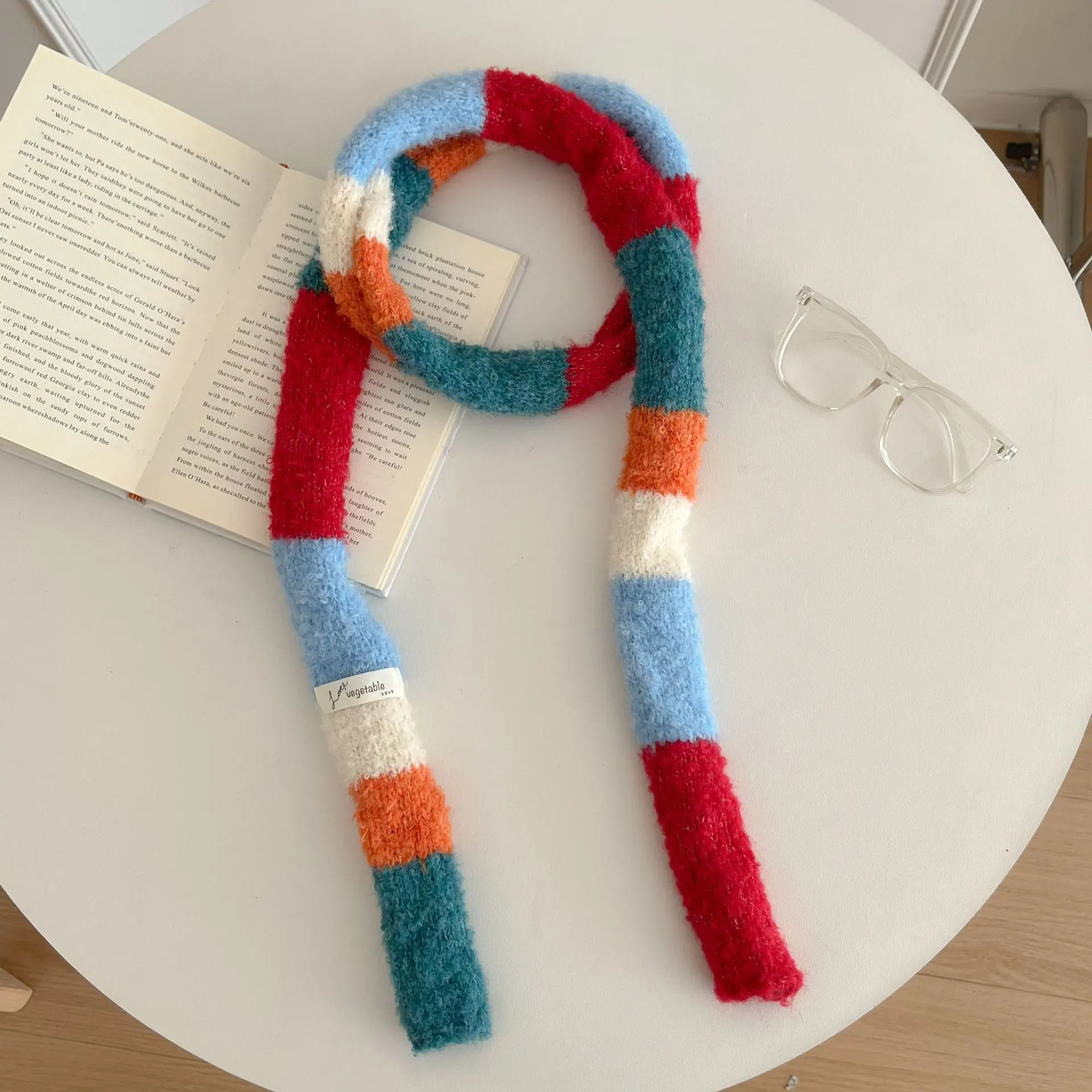 Versatile Narrow Rainbow-colored Retro Slim Long Scarf With A Chic Knitted Design - Red And Blue Rice