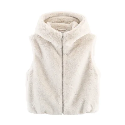 European And American Style Fashionable Hooded Faux Fur Effect Vest Beige - Shop at LoveMi