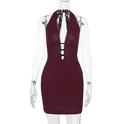 European And American Fashion Sexy Hollow out Backless Halter Bodycon Dress Wine Red - Shop at LoveMi