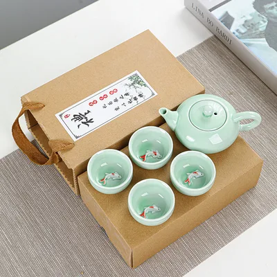 Home Minimalist Portable Celadon Fish One pot Six cup Tea Set One Pot Four Cups - Shop at LoveMi