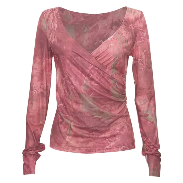 Purple Ombre V neck Pleated Waist slimming Long sleeve Women's T shirt Pink C267Tp - Shop at LoveMi