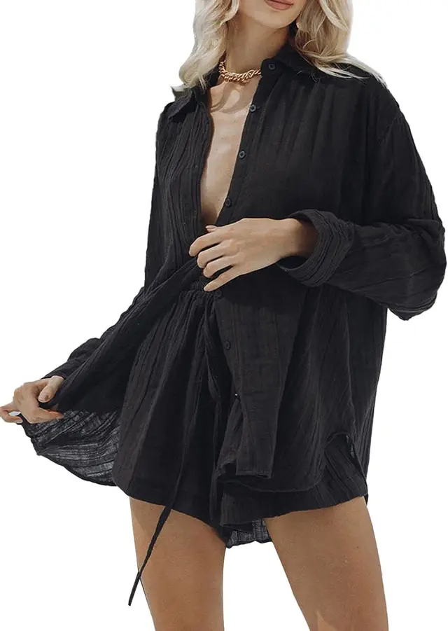 Women's Casual Long sleeve Shirt And Shorts Set Black - Shop at LoveMi